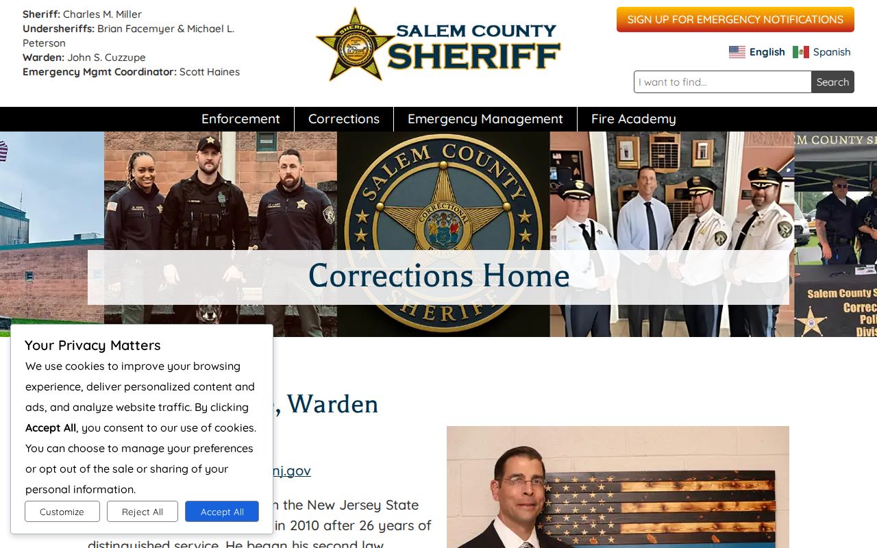 Salem County Correctional Facility release lookup link on the Sheriff corrections page